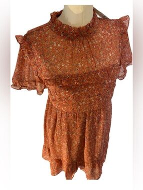 Trixxi NWT Women's High Neck Short Sleeve Ruffled  Floral Dress XL Orange